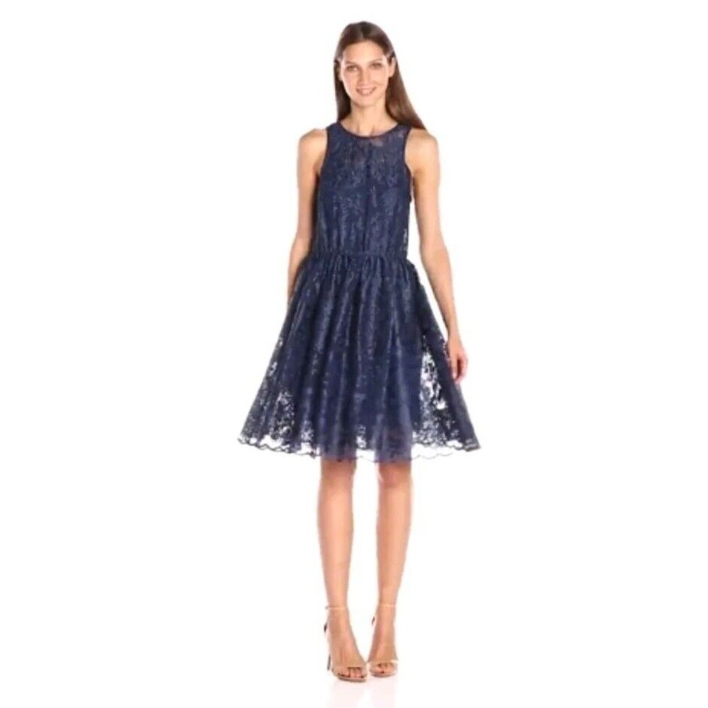 Erin Fetherston Rosie Lace Dress Navy Blue Romantic Sleeveless Slip Overlay 4